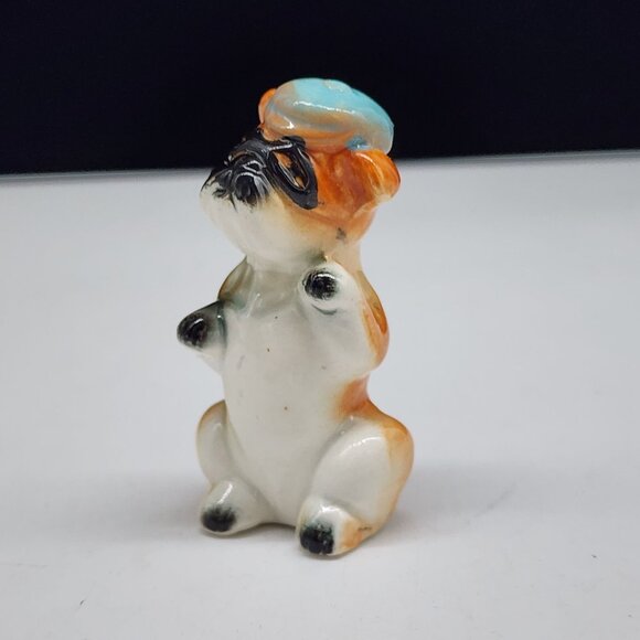 Vintage Ceramic Bandit Pug Figurine With Blue Hat In Japan 2.5" Tall - Picture 3 of 8